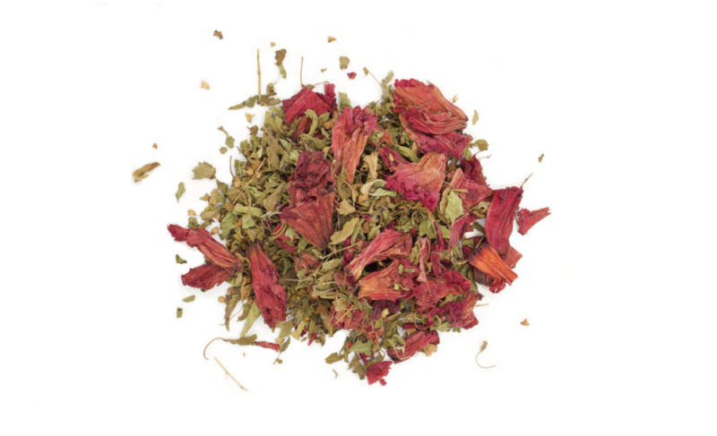 tulsi and rhododendrun tea blend with white background